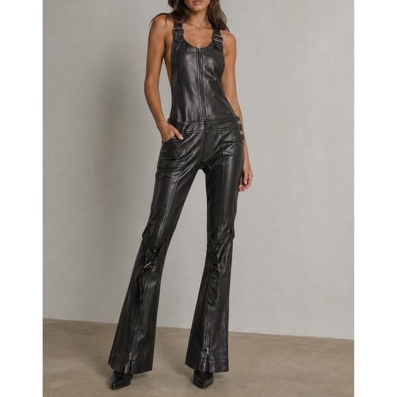 BCBGMAXAZRIA Pants - BCBGMAXAZRIA Runway Faux Leather Jumpsuit Black Moto Flare Medium
